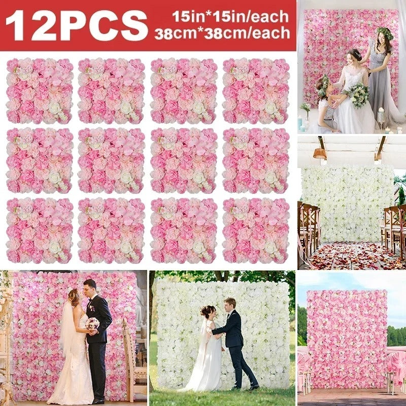 12PCS Artificial Flowers Roses Wall Panel 3D Flower Backdrop Faux Roses for Home Decor